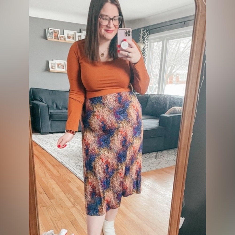 Time and Tru Colorful Patterned Midi Skirt